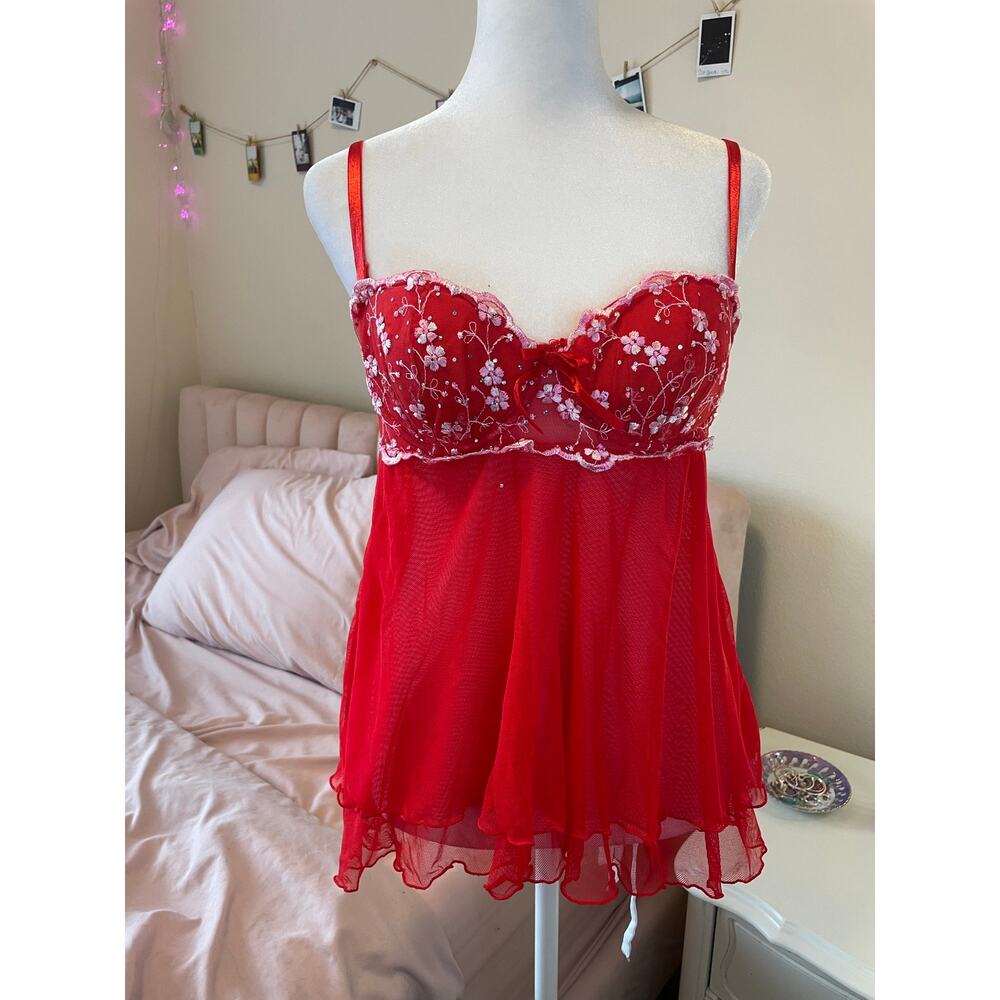 red and pink embroidered victorias secret lingerie slip